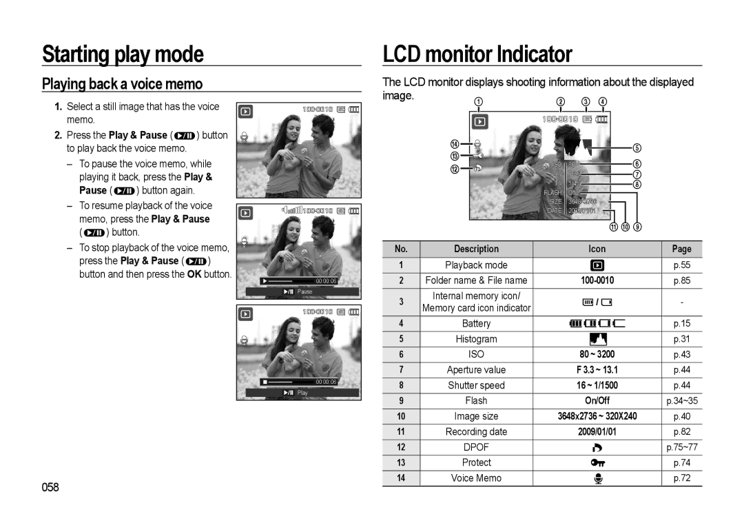 Samsung HZ10W manual Playing back a voice memo, 058, Select a still image that has the voice memo, 100-0010 