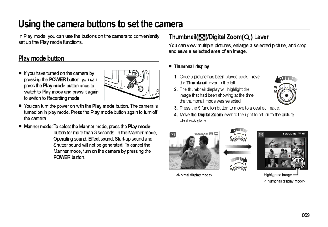 Samsung HZ10W manual Using the camera buttons to set the camera, Play mode button, Thumbnail /Digital Zoom Lever, 059 