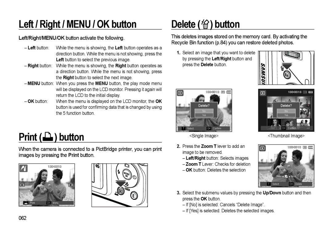 Samsung HZ10W manual Left / Right / Menu / OK button, Delete button, Print button, 062 