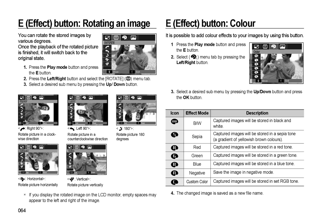 Samsung HZ10W Effect button Rotating an image, Effect button Colour, You can rotate the stored images by Various degrees 