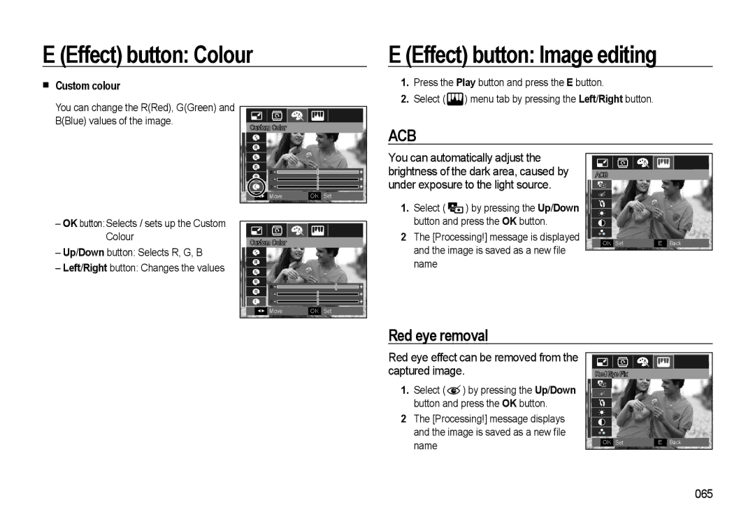 Samsung HZ10W manual Red eye removal, Red eye effect can be removed from the captured image, 065 