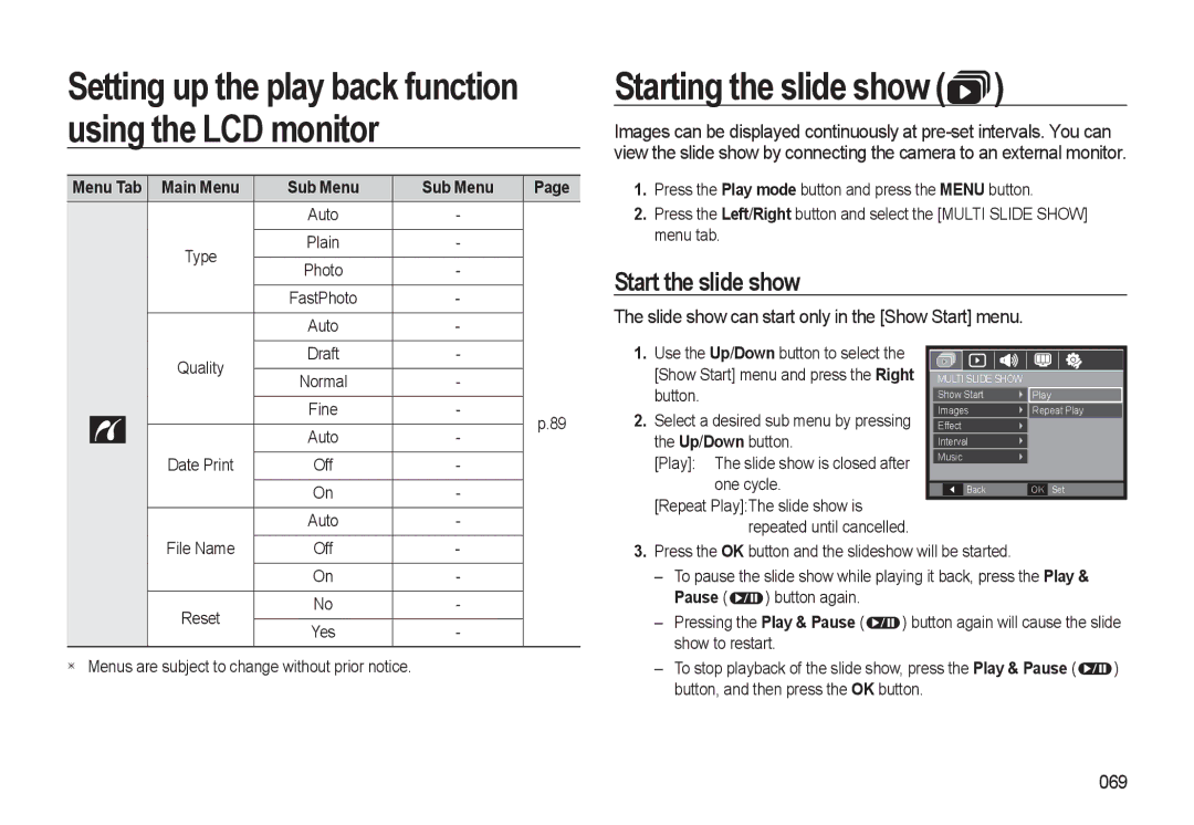 Samsung HZ10W manual Starting the slide show, Start the slide show, Slide show can start only in the Show Start menu, 069 