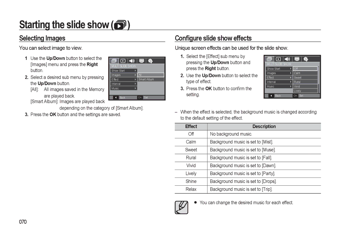 Samsung HZ10W manual Selecting Images, Conﬁgure slide show effects, You can select image to view, 070 