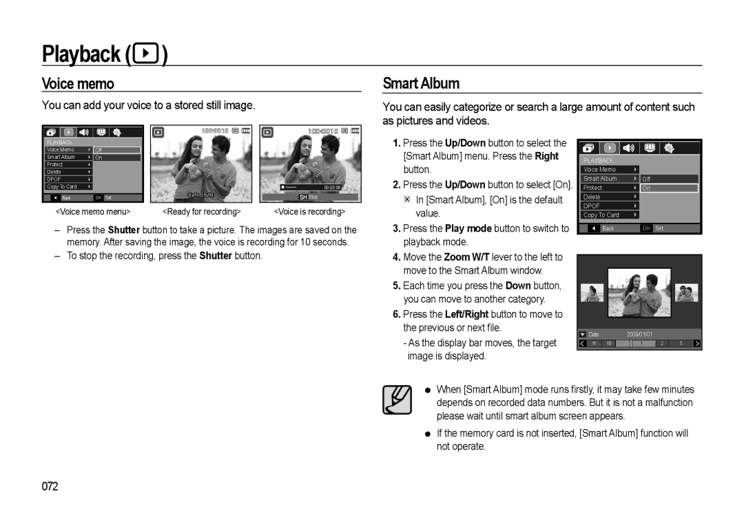 Samsung HZ10W manual Playback, Voice memo, Smart Album, You can add your voice to a stored still image, 072 