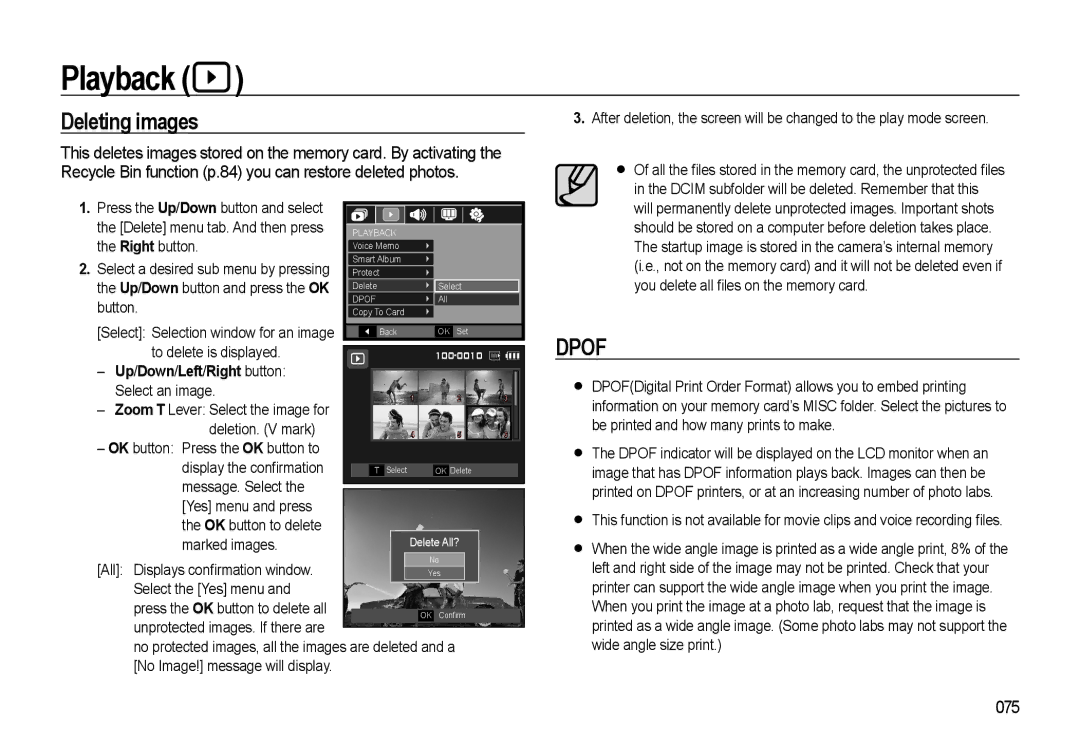 Samsung HZ10W manual Deleting images, 075, To delete is displayed 