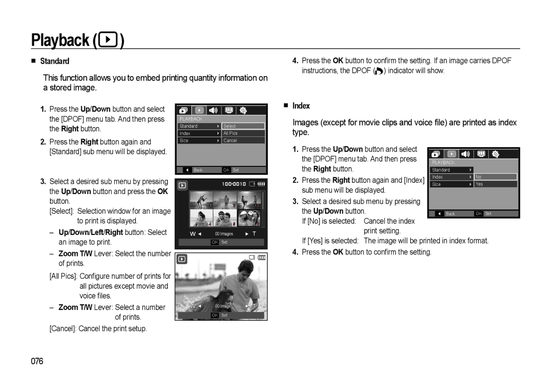 Samsung HZ10W manual Standard, Index, 076, Up/Down/Left/Right button Select an image to print 