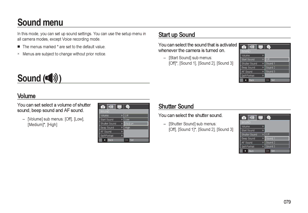 Samsung HZ10W manual Sound menu, Start up Sound, Volume, Shutter Sound 