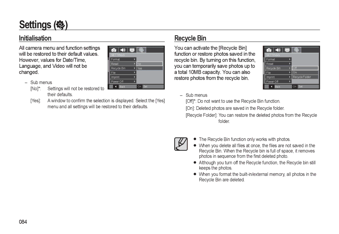 Samsung HZ10W Initialisation Recycle Bin, 084, Their defaults, Menu and all settings will be restored to their defaults 