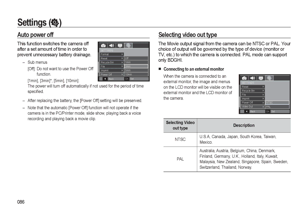 Samsung HZ10W manual Selecting video out type, Connecting to an external monitor, 086 