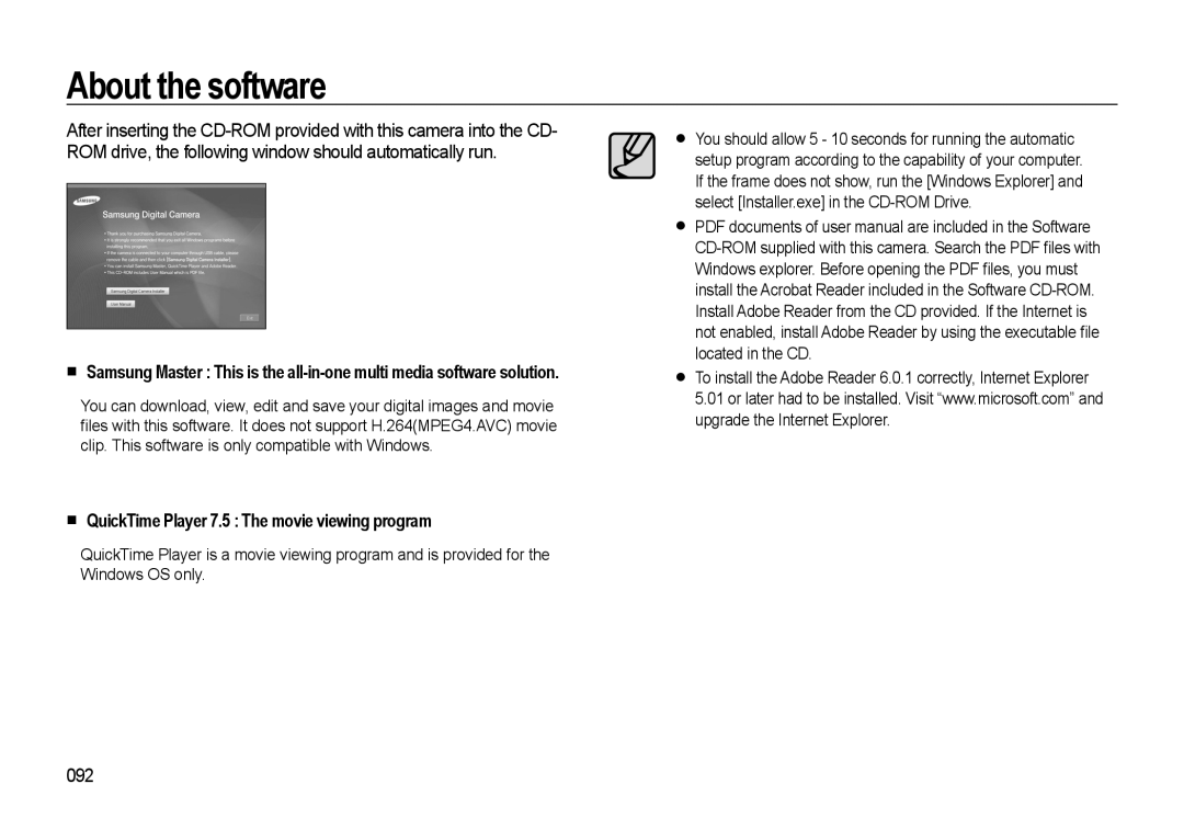 Samsung HZ10W manual About the software, QuickTime Player 7.5 The movie viewing program, 092 