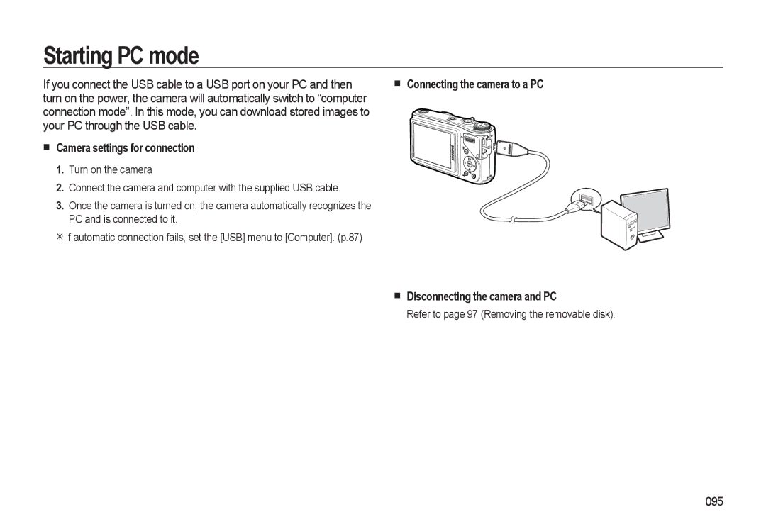 Samsung HZ10W manual Starting PC mode, Your PC through the USB cable, Camera settings for connection, 095 