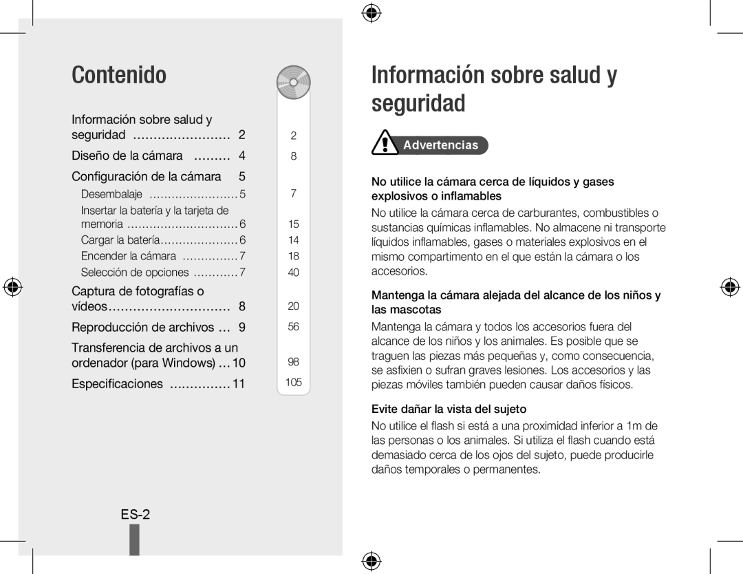 Samsung HZ15W quick start manual Contenido, Información sobre salud y seguridad, Especificaciones… ……………, 105 