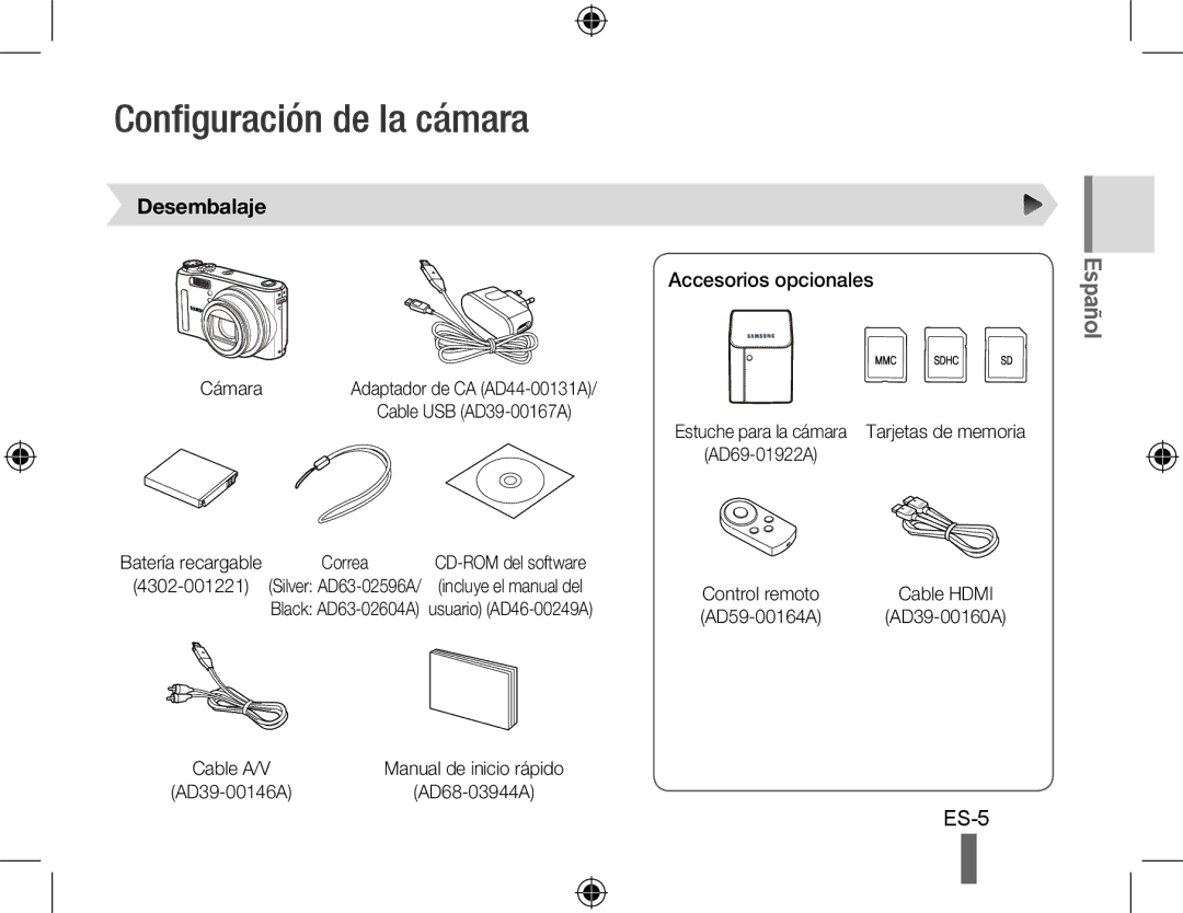 Samsung HZ15W quick start manual Configuración de la cámara, Desembalaje, Accesorios opcionales, Cámara, 4302-001221 