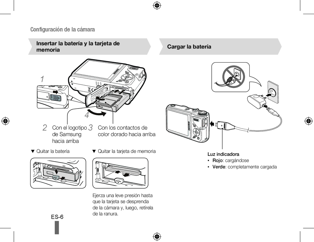 Samsung HZ15W quick start manual Quitar la batería, De la ranura, Luz indicadora, Rojo cargándose 