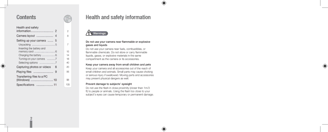 Samsung HZ15W quick start manual Contents, Health and safety information 