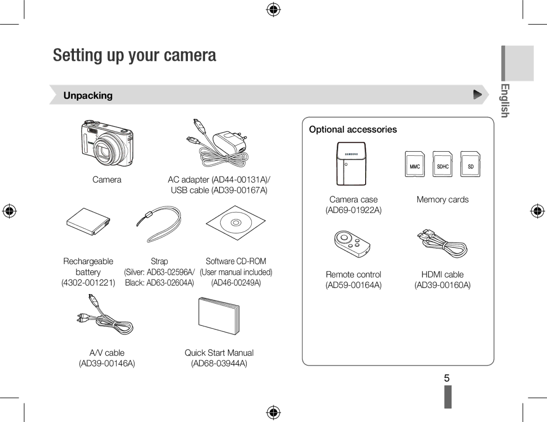 Samsung HZ15W quick start manual Setting up your camera, Unpacking, Optional accessories 