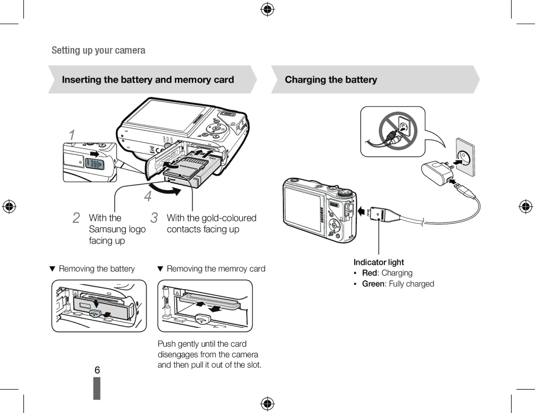 Samsung HZ15W Inserting the battery and memory card, With, Samsung logo Contacts facing up Facing up, Charging the battery 