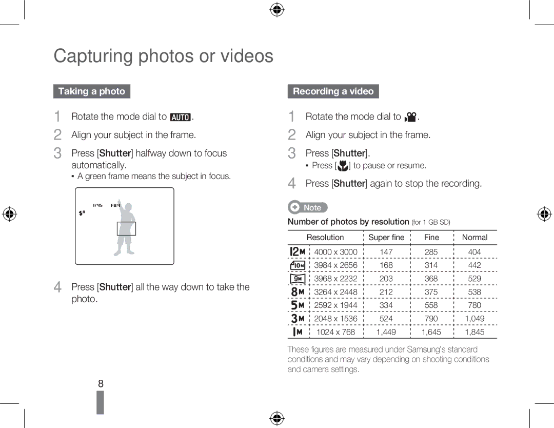 Samsung HZ15W quick start manual Capturing photos or videos, Taking a photo, Recording a video 