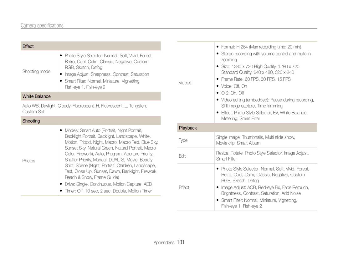 Samsung HZ30W user manual Camera speciﬁcations 