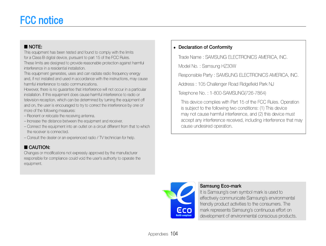 Samsung HZ30W user manual FCC notice, Samsung Eco-mark 