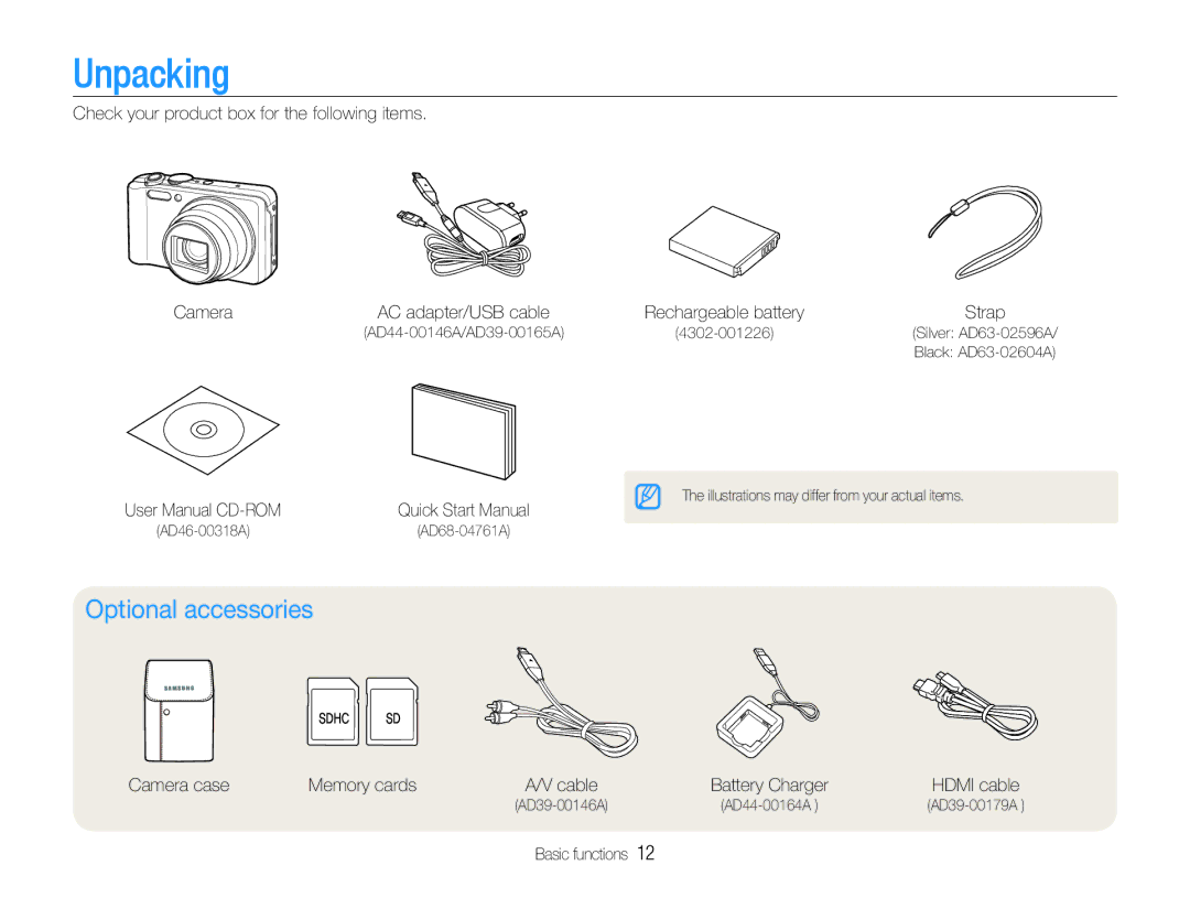 Samsung HZ30W Unpacking, Optional accessories, Check your product box for the following items Camera, Basic functions 