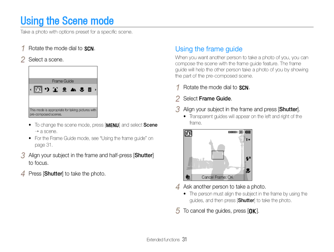 Samsung HZ30W user manual Using the Scene mode, Using the frame guide, Rotate the mode dial to s Select a scene 