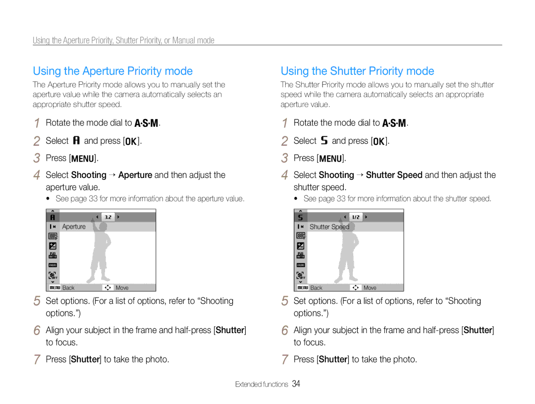 Samsung HZ30W user manual Using the Aperture Priority mode, Using the Shutter Priority mode 