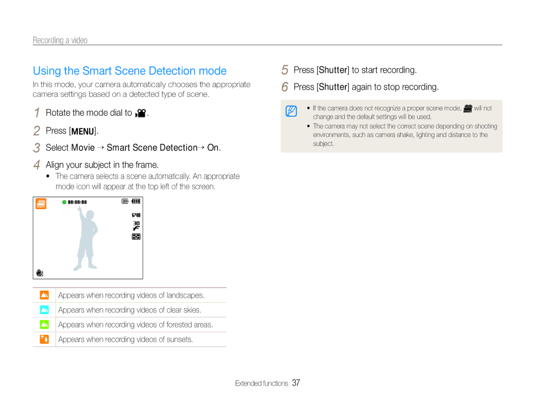 Samsung HZ30W user manual Using the Smart Scene Detection mode, Recording a video 