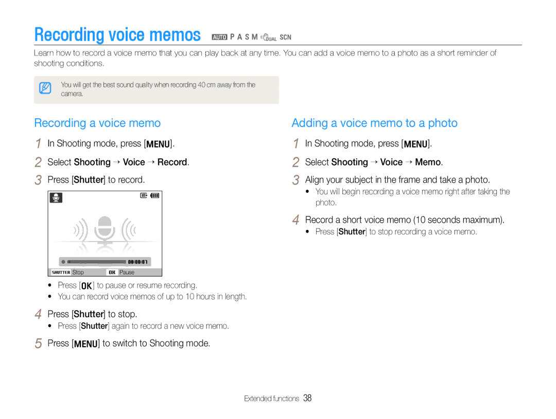 Samsung HZ30W user manual Recording voice memos a p a h n d s, Recording a voice memo Adding a voice memo to a photo 