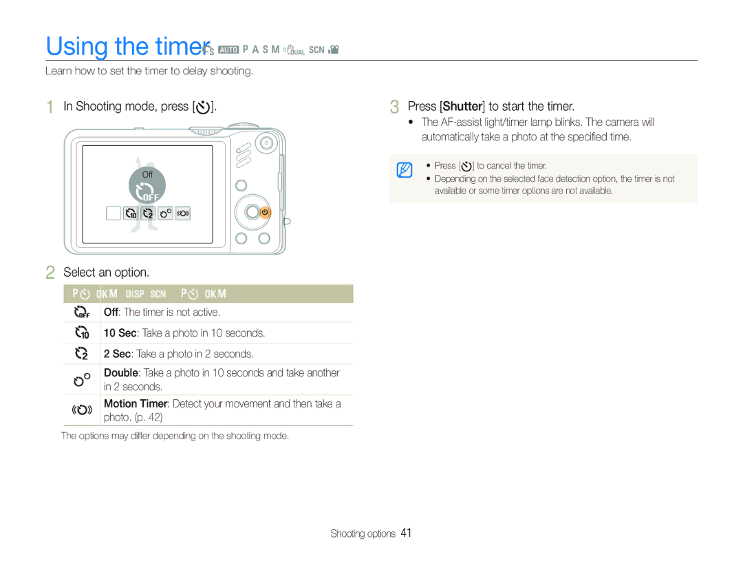 Samsung HZ30W user manual Shooting mode, press t, Select an option, Press Shutter to start the timer 