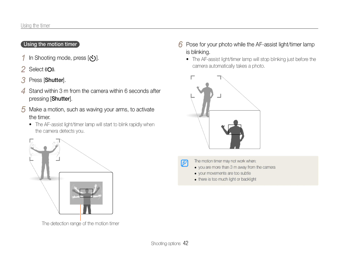 Samsung HZ30W user manual Using the timer, Select Press Shutter, Pressing Shutter, Using the motion timer 