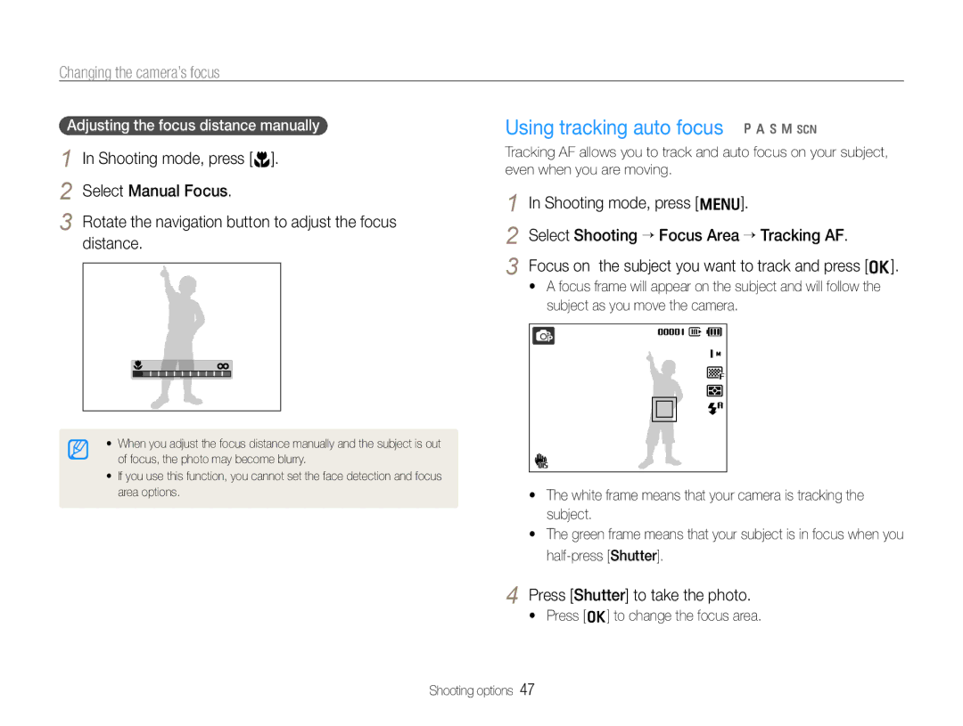 Samsung HZ30W Using tracking auto focus p a h n s, Changing the camera’s focus, Adjusting the focus distance manually 