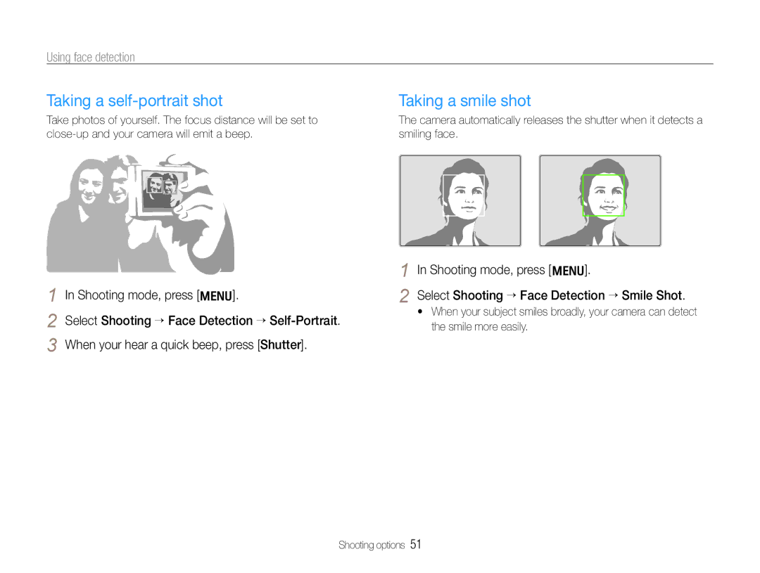 Samsung HZ30W user manual Taking a self-portrait shot, Taking a smile shot, Using face detection 