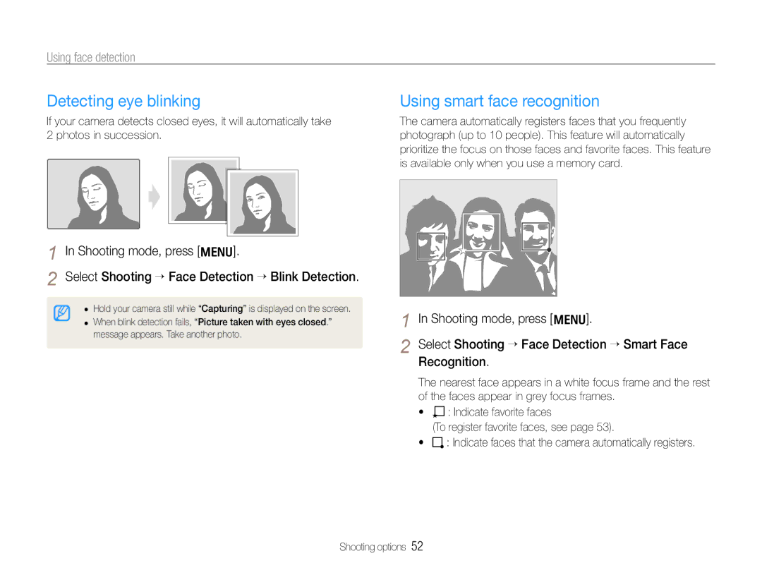 Samsung HZ30W user manual Detecting eye blinking, Using smart face recognition 