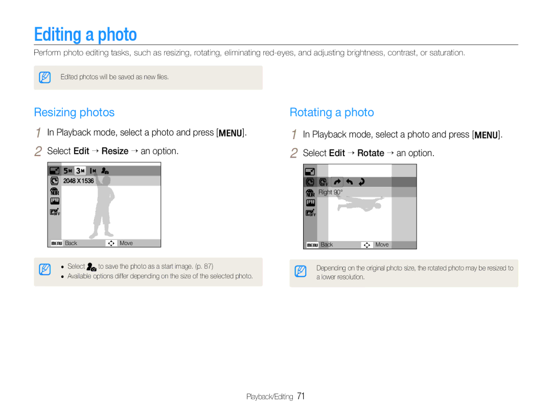 Samsung HZ30W user manual Editing a photo, Resizing photos, Rotating a photo 