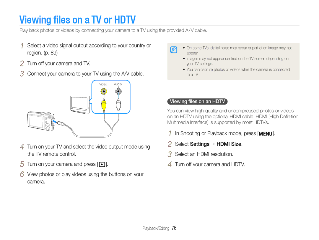 Samsung HZ30W user manual Viewing files on a TV or Hdtv, Viewing ﬁles on an Hdtv 