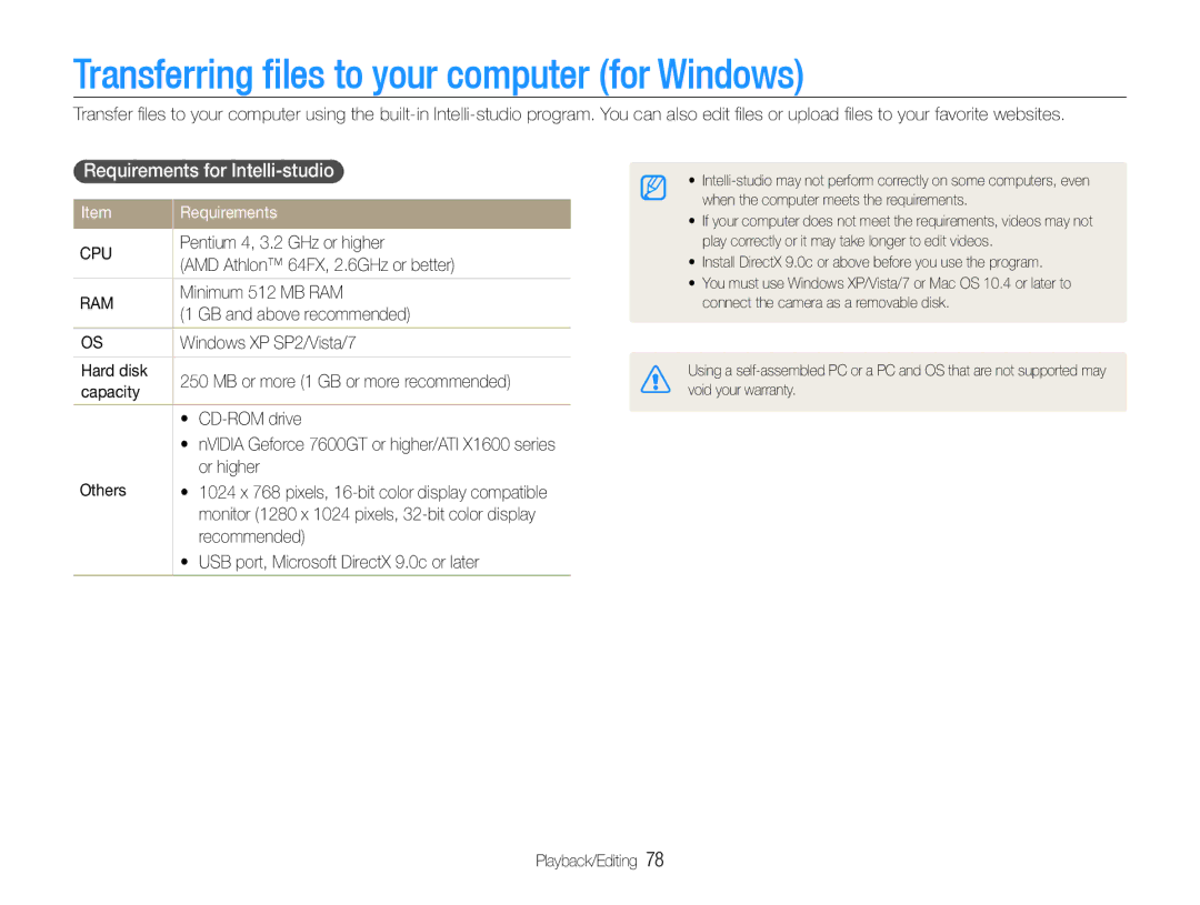 Samsung HZ30W user manual Transferring files to your computer for Windows, Requirements for Intelli-studio 