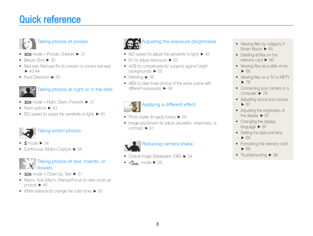 Samsung HZ30W user manual Quick reference, Taking photos of people 