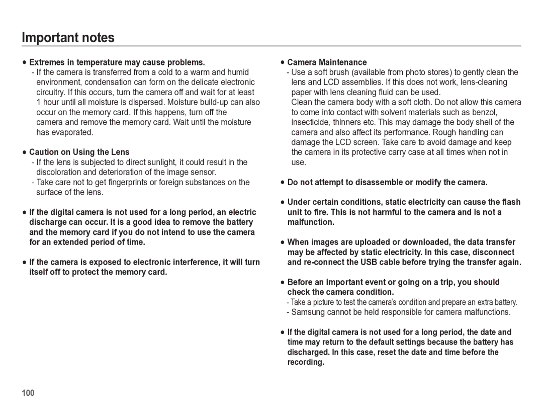 Samsung HZ50W manual Extremes in temperature may cause problems, Samsung cannot be held responsible for camera malfunctions 