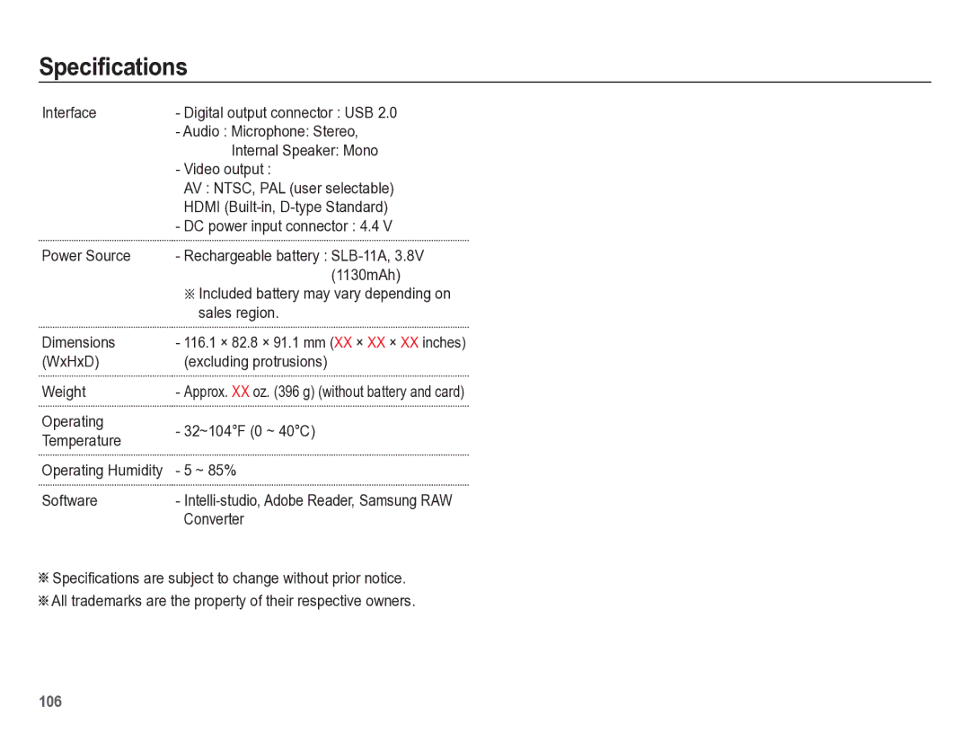 Samsung HZ50W manual Interface, Audio Microphone Stereo, Video output, Power Source, Weight, ~ 85%, Software, Converter 