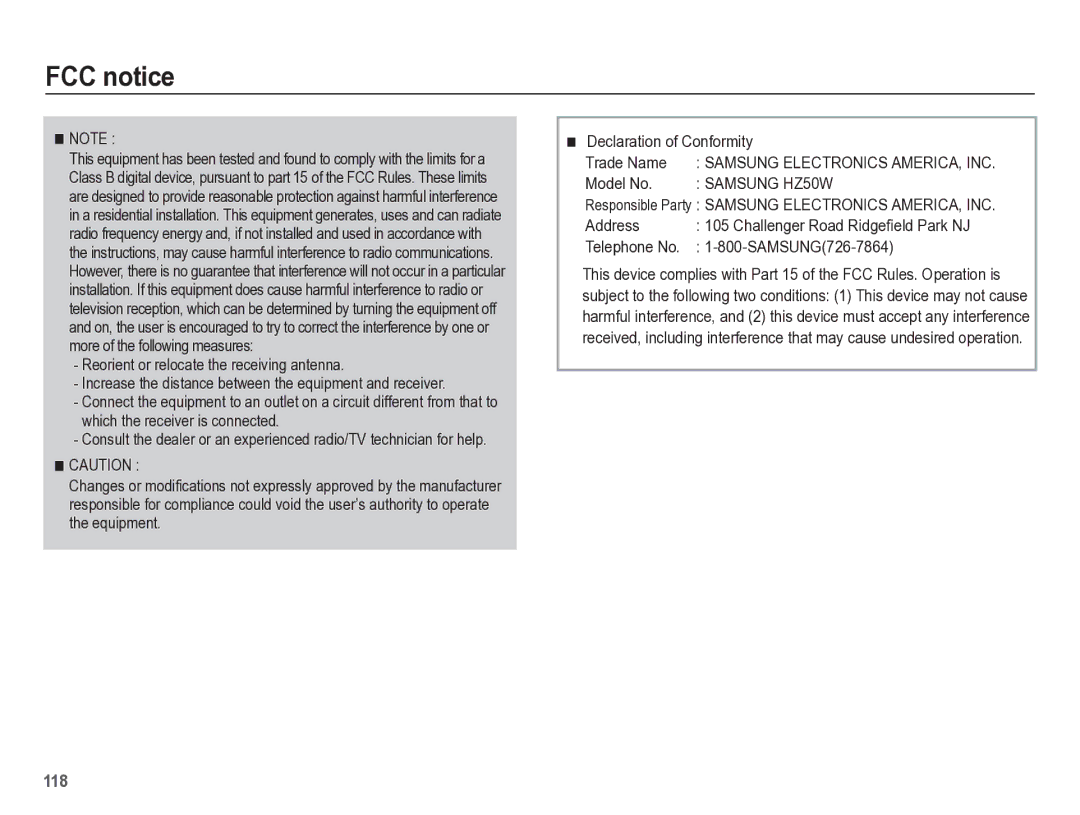 Samsung HZ50W manual FCC notice, Model No, Address, Telephone No SAMSUNG726-7864 