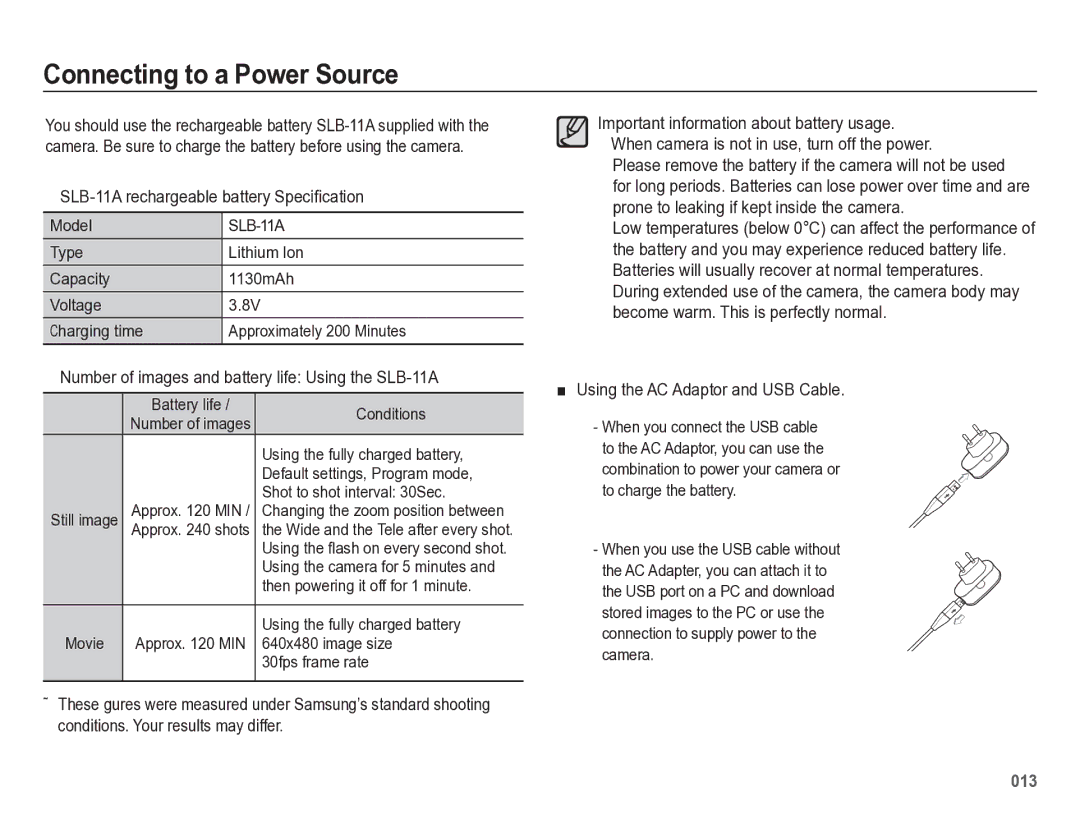 Samsung HZ50W Connecting to a Power Source, SLB-11A rechargeable battery Speciﬁcation, Using the AC Adaptor and USB Cable 