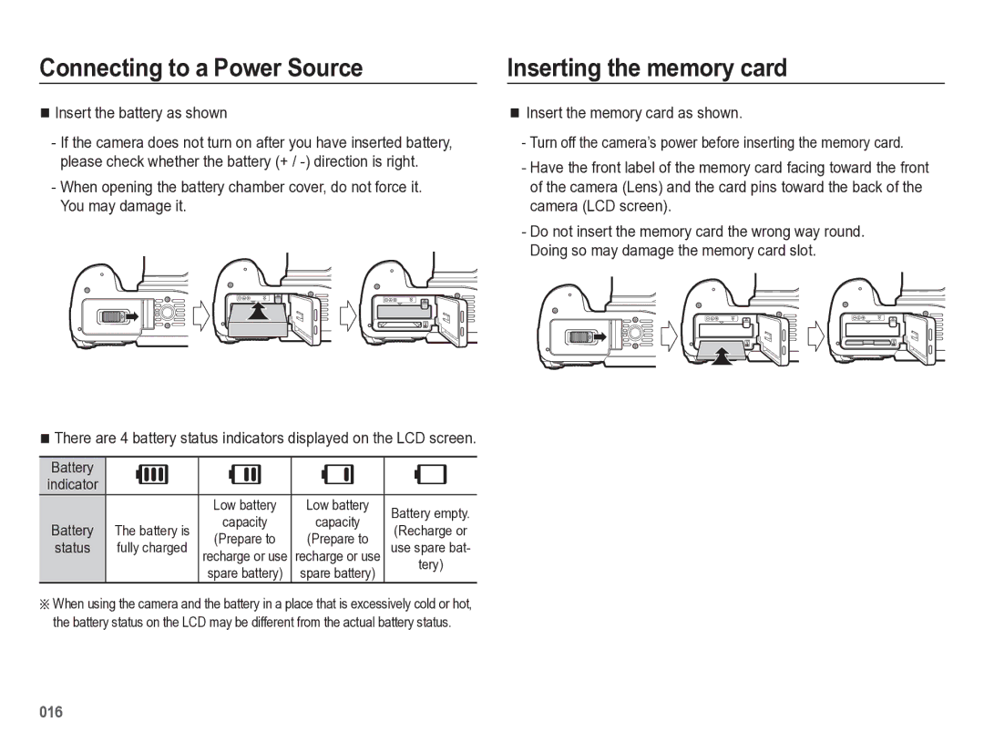 Samsung HZ50W manual Inserting the memory card, Insert the battery as shown, Insert the memory card as shown 