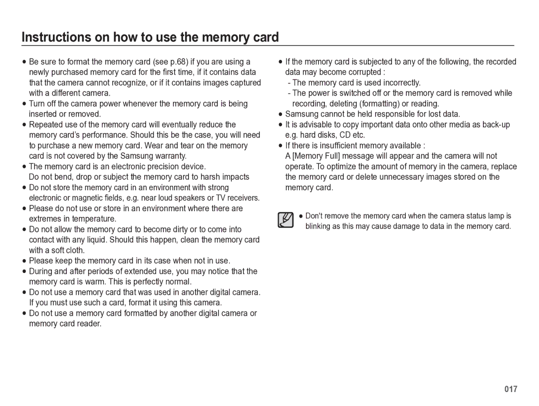 Samsung HZ50W manual Instructions on how to use the memory card, Power is switched off or the memory card is removed while 