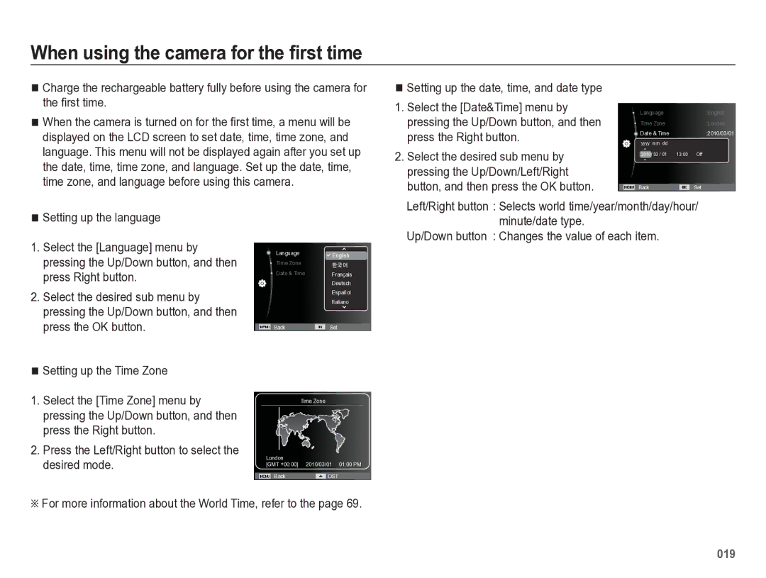 Samsung HZ50W manual When using the camera for the ﬁrst time, Setting up the date, time, and date type 