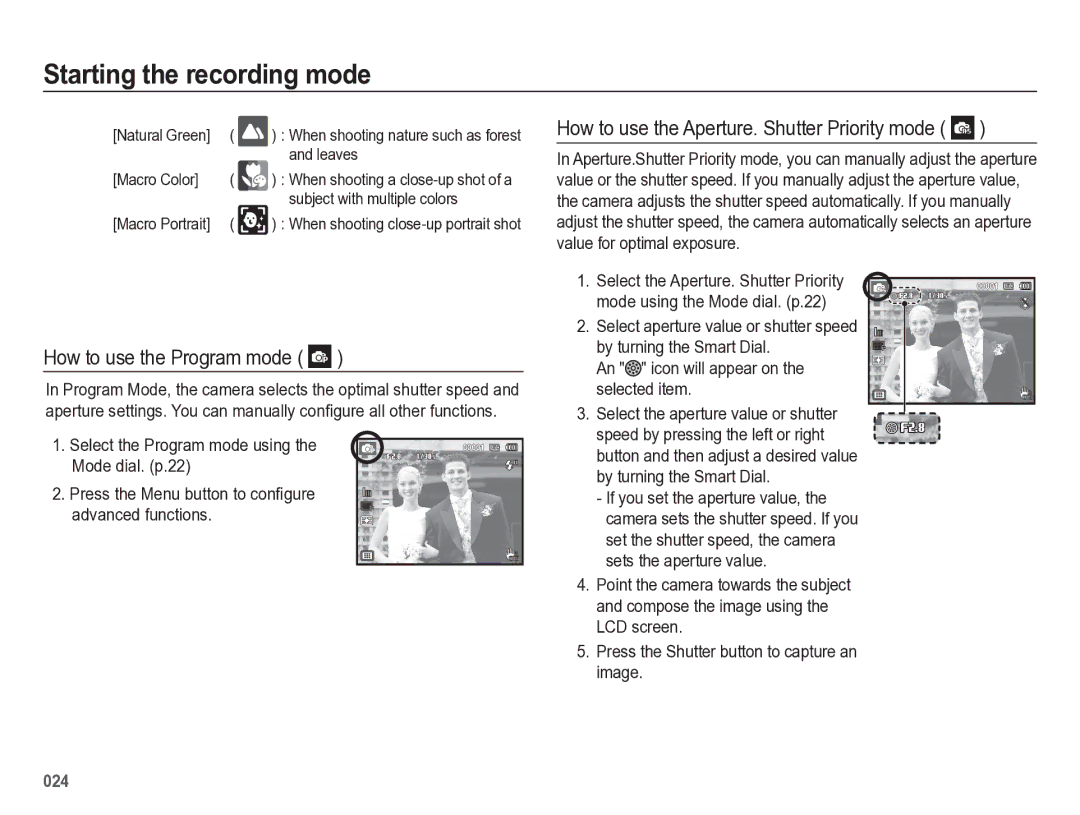 Samsung HZ50W manual How to use the Program mode, How to use the Aperture. Shutter Priority mode, Leaves, Macro Color 