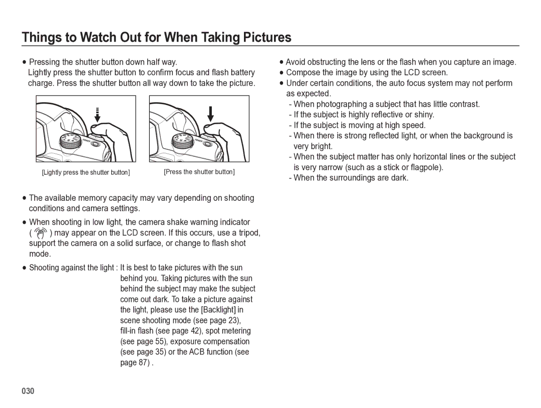 Samsung HZ50W manual Things to Watch Out for When Taking Pictures, Pressing the shutter button down half way 