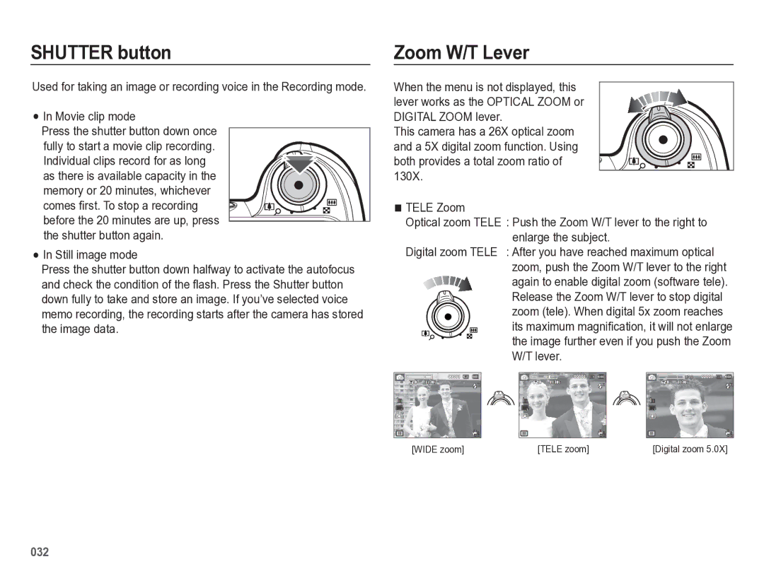 Samsung HZ50W manual Shutter button, Zoom W/T Lever, Movie clip mode 