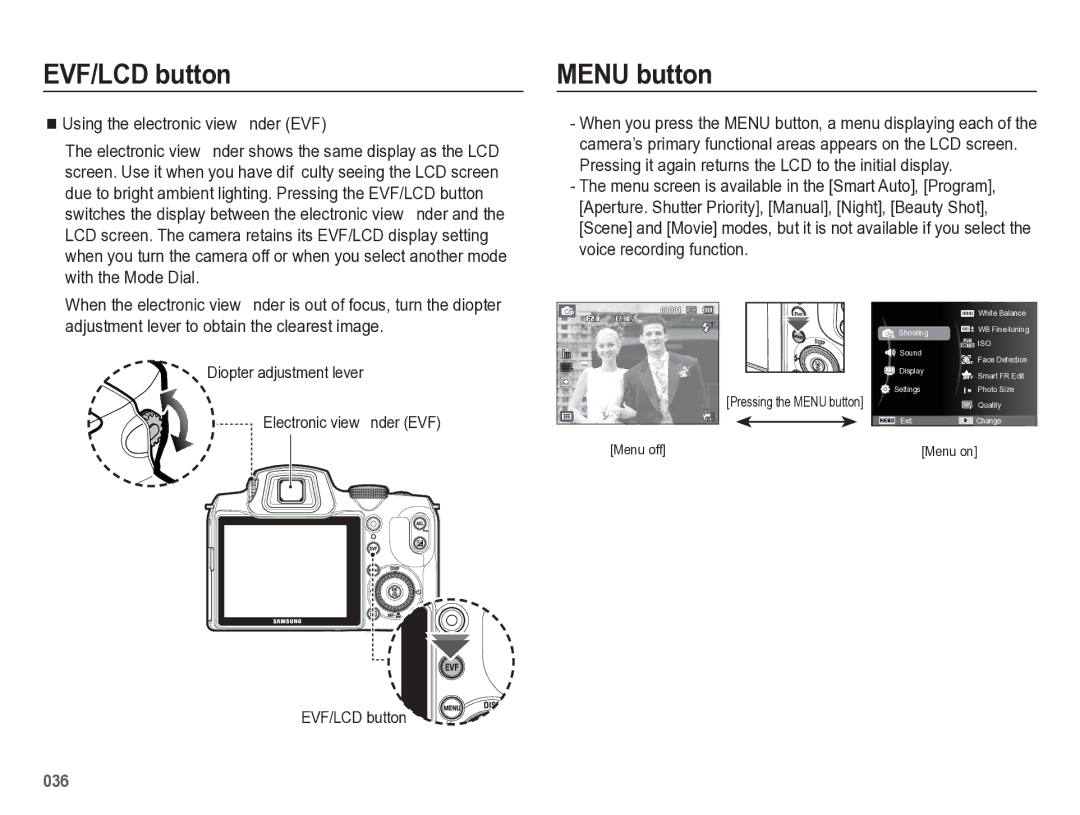 Samsung HZ50W manual Menu button, Using the electronic view ﬁnder EVF 