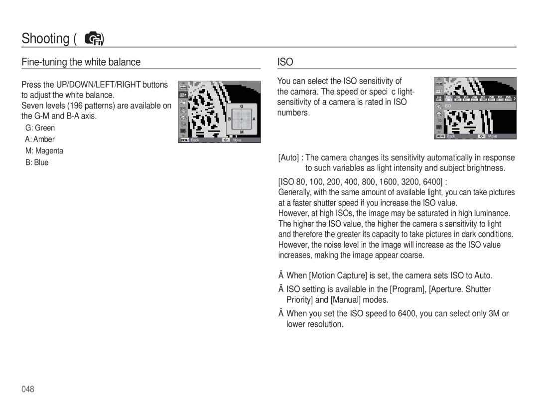 Samsung HZ50W Fine-tuning the white balance, Numbers, ISO 80, 100, 200, 400, 800, 1600, 3200, Green Amber Magenta Blue 